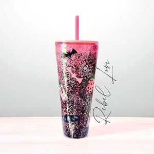 Pink Glitter Tumbler with Straw Snowglobe style pink and black spooky